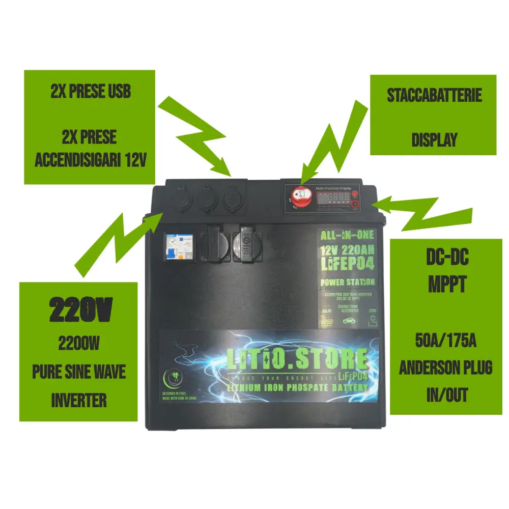 All-In-One Power Station con batteria LiFePO4 12V 240Ah 2816Wh + 30A MPPT + 30A DC-DC + 2200W Inverter onda pura
