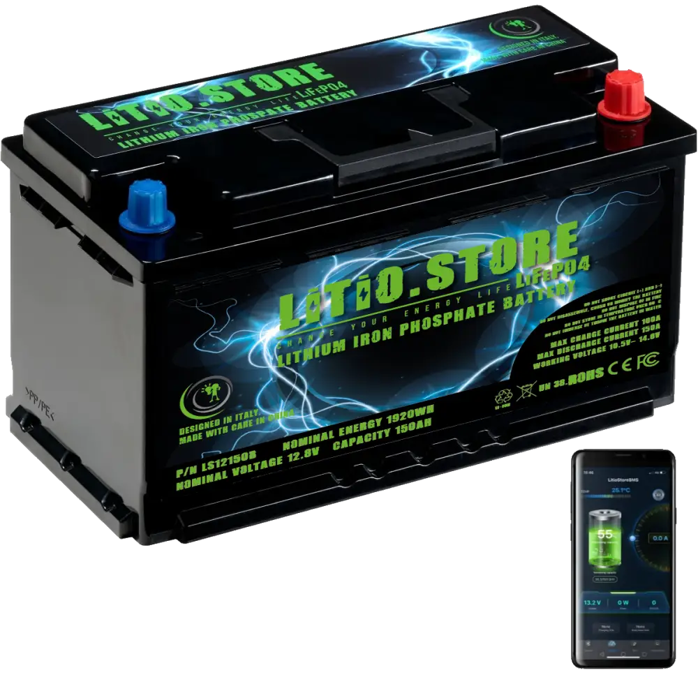 Batteria LiFePO4 12V 150Ah Bluetooth sottosedile Riscaldata Litio Store LFP 150A BMS 1920Wh 11485 - LiFePO4 Battery