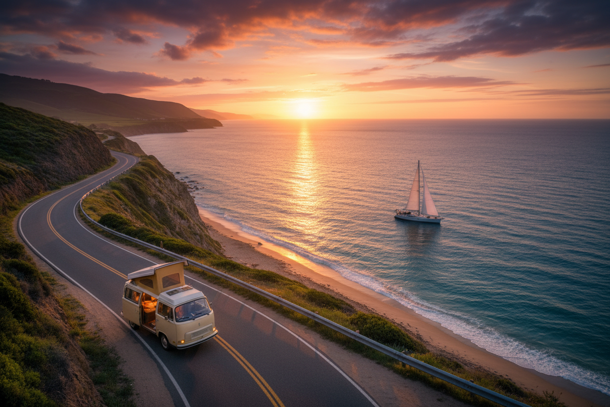 strada che costeggia il mare, un camper parcheggiato, una barca a vela che naviga, il tramonto con il sole che si rispecchia nell'acqua, fotografia professionale