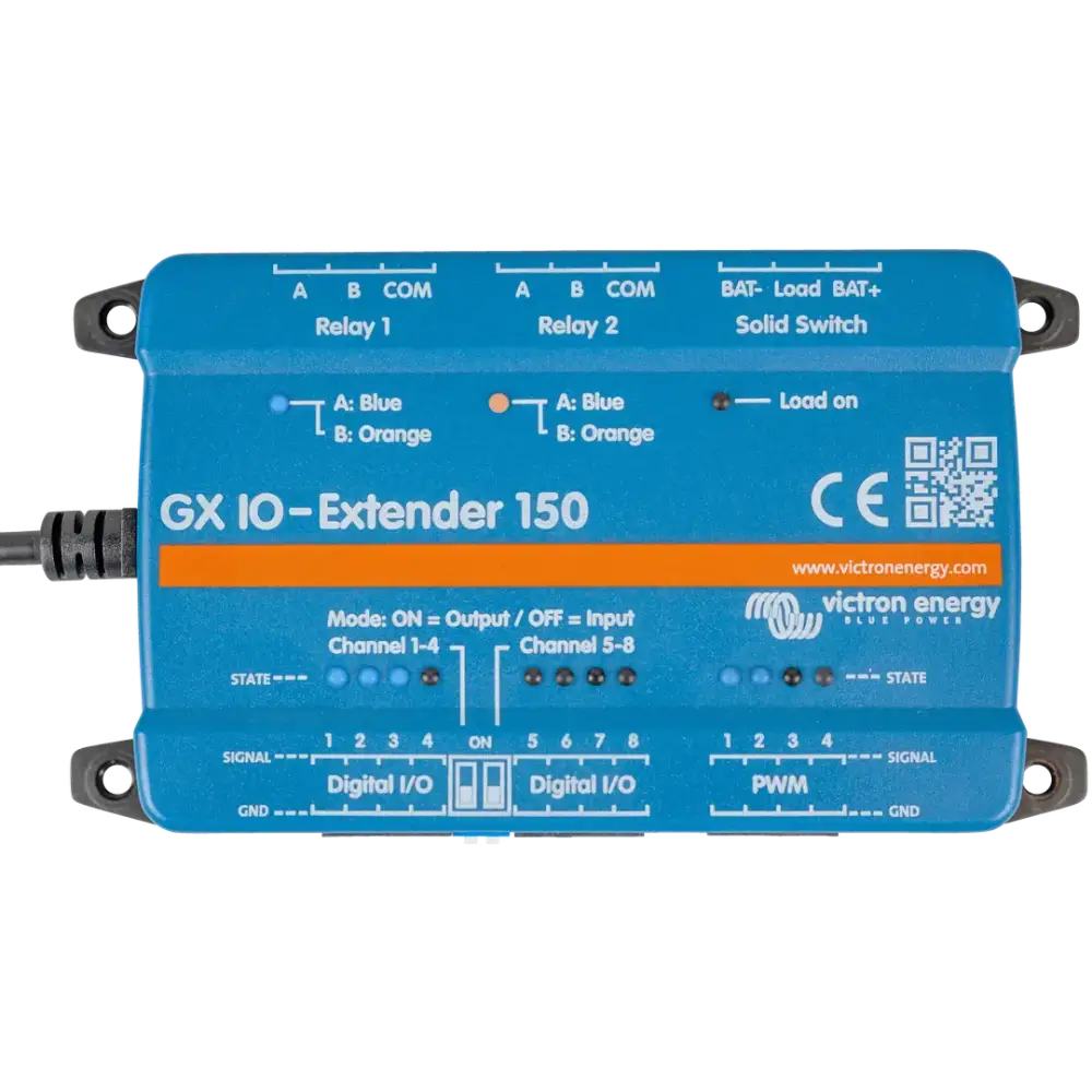 Dispositivo elettronico blu per l’ampliamento delle capacità di ingresso/uscita, dotato di relè, I/O digitali e canali PWM.